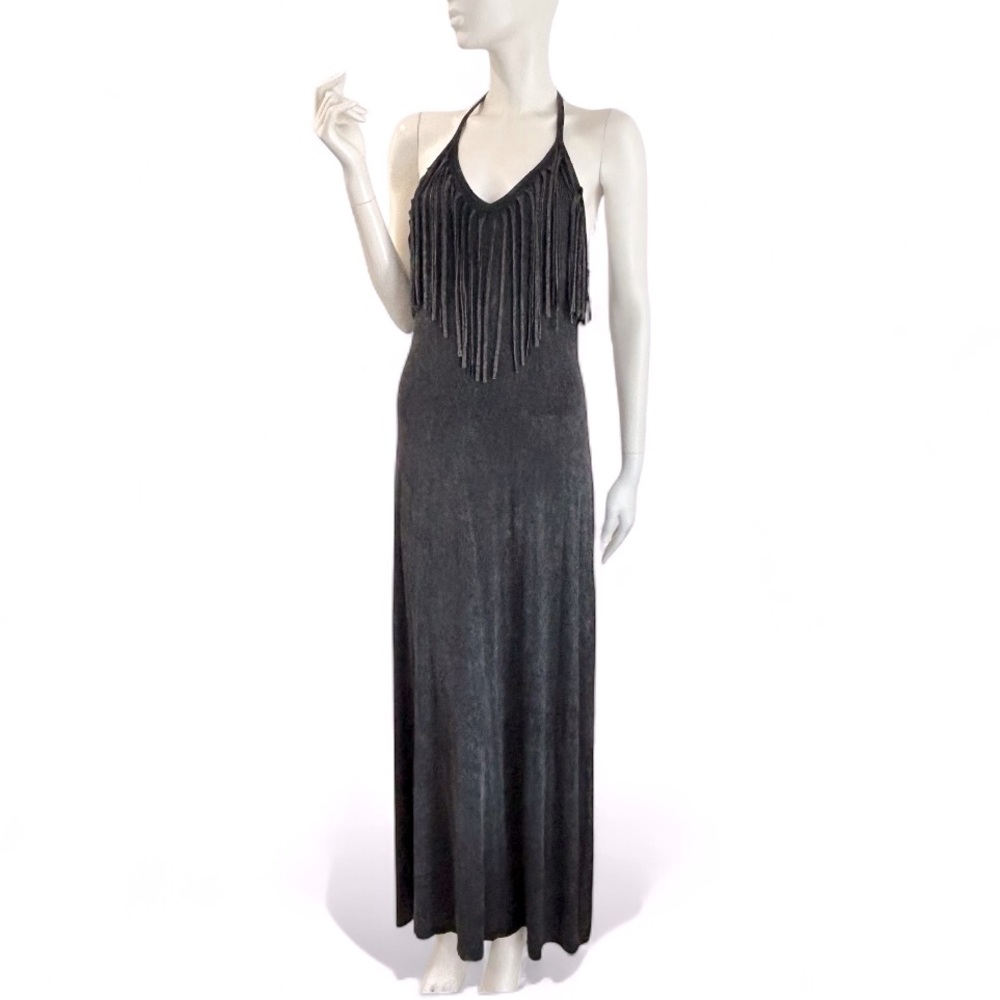 T - Party Fringed Stretch Knit Maxi Halter Dress